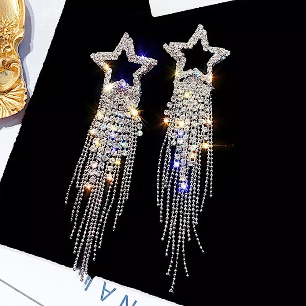 Silver Rhinestone 18k White GP Star Tassel Earrings